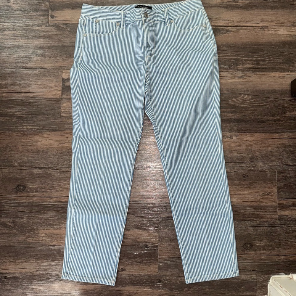 Talbots Flawless 5 Pocket Petites Jeans‎ 8P Slim Ankle Blue, white stripe 32x24